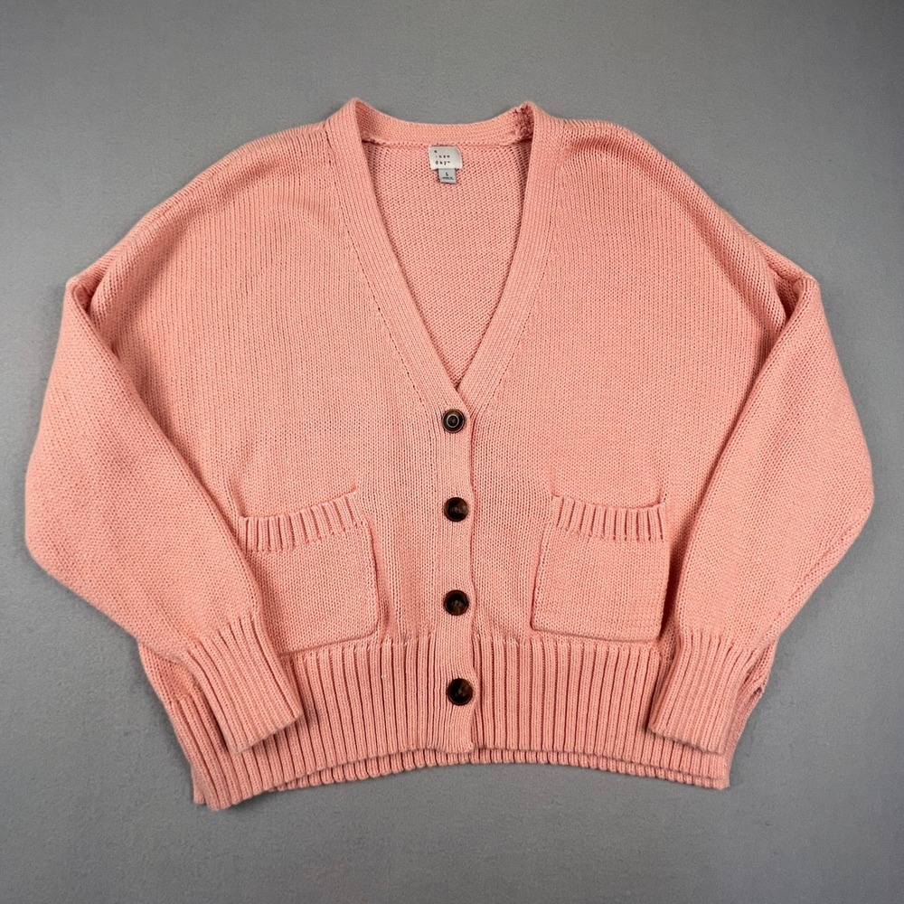 Preppy Cardigan Sweater Womens Large Pink Button Front Knit V-Neck A New Day